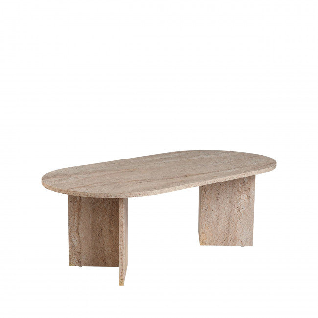 Table basse ovale effet travertin, détail du plateau